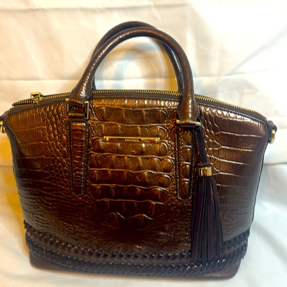 Brahmin Croc-Embossed Satchel in Rich Brown - Picture 1 of 16